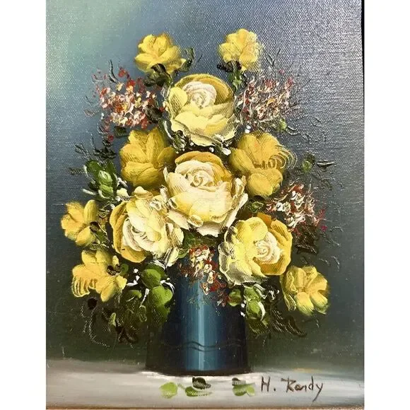 Vintage Botanical Oil Painting Yellow Flowers 11.25 x 13
